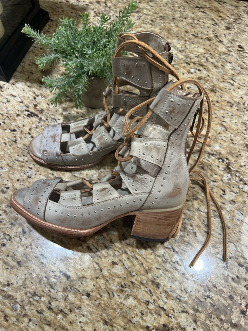 Freebird by Steven Hazel Lace-Up Studded Gray Tan Cutout Heeled Sandals